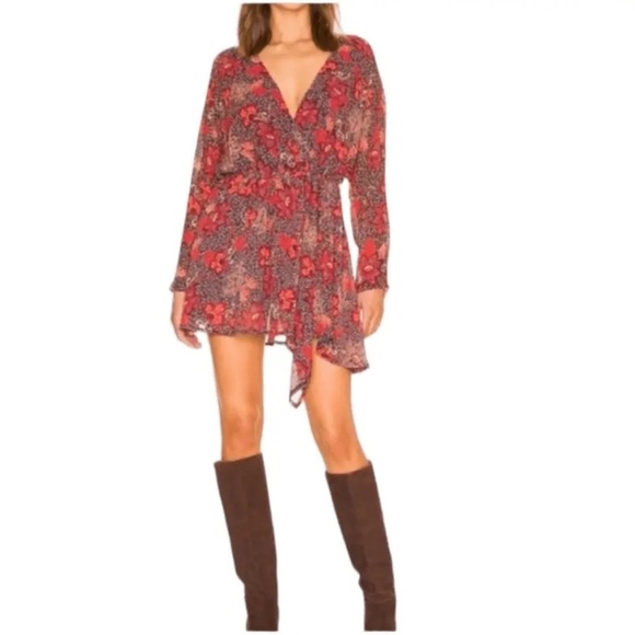 Free People Teegan Red Floral Mini Dress Sz XS Long Sleeve Flowy Cinched Waist - Picture 2 of 15